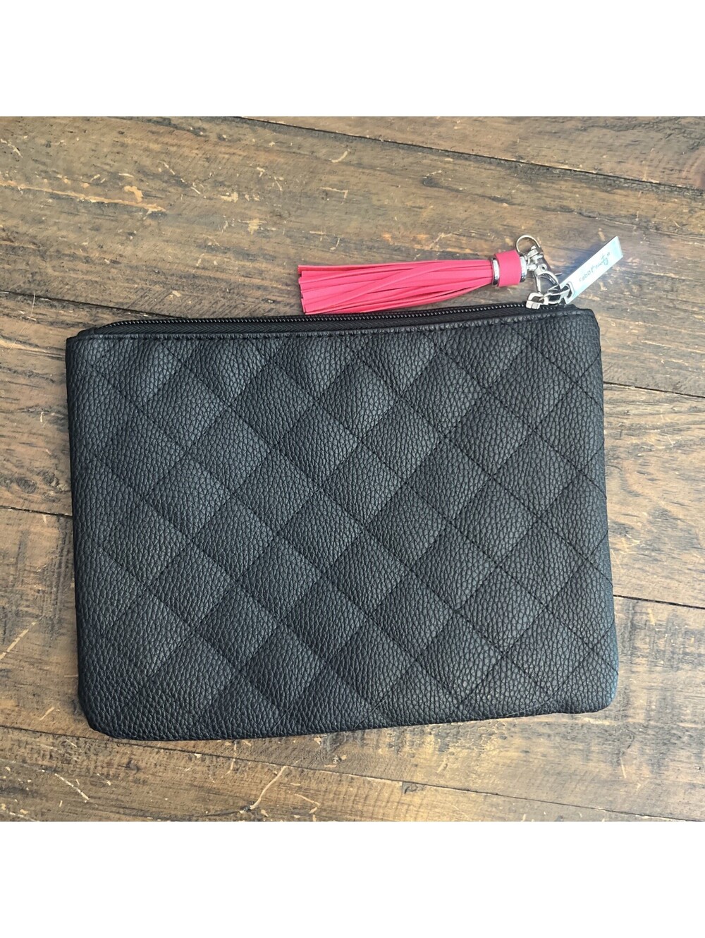 FabD Beauty Black Quilted Makeup Bag Boutique Cosmetic Pouch Zipper Pink Tassel